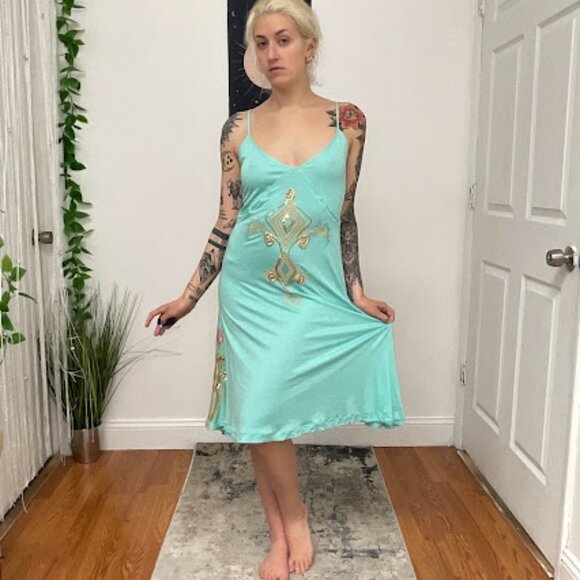 Cavalli Aqua and Gold Midi Dress - Picture 2 of 15